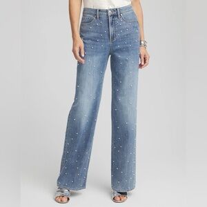 Chico’s Wide Leg Pearl Rhinestone Embellished Jeans 12P / 2P
